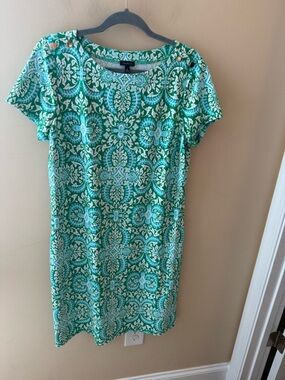 Talbots Green Sheath Dress Short Sleeve Crew Neck stretchy travel dress size M